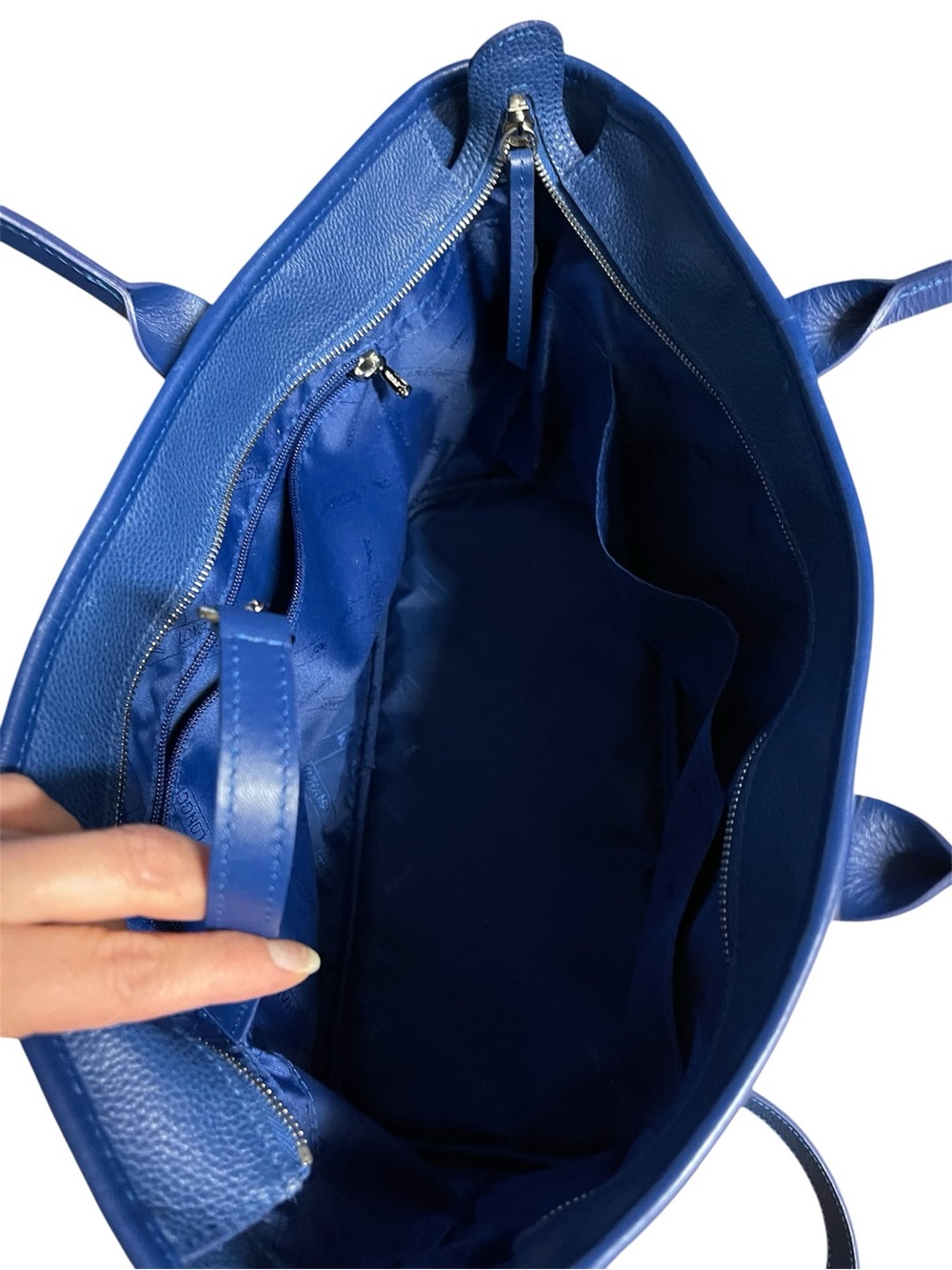LONGCHAMP Navy Le Foulonne Zip Top Pebbled Leather Tote with Detachable Strap - Picture 15 of 16